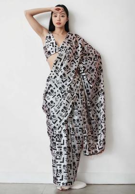 White Floral Print Chinon Saree Set