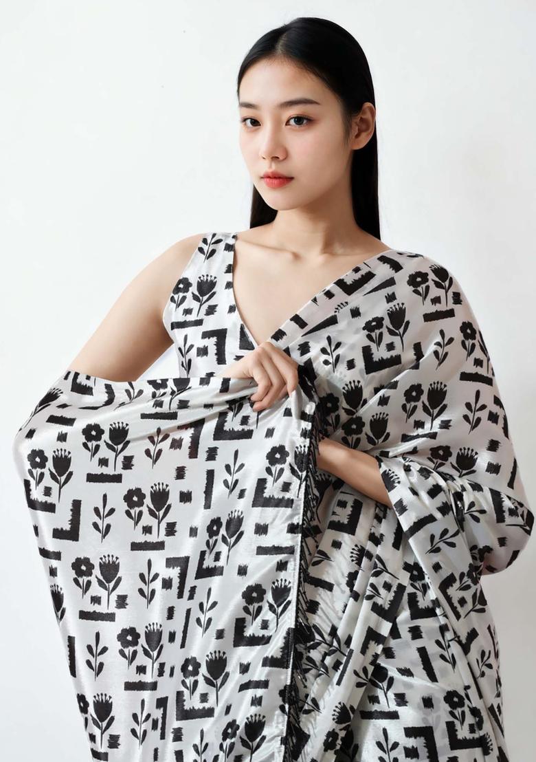 White Floral Print Chinon Saree Set - Indya