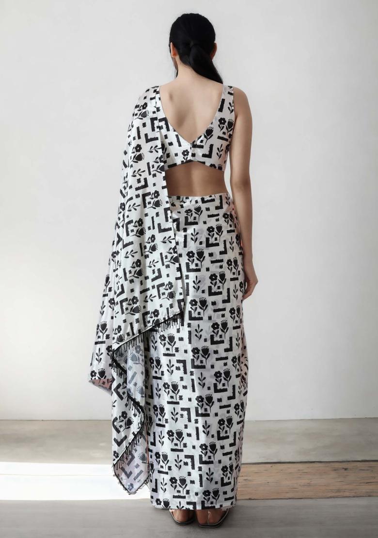 White Floral Print Chinon Saree Set - Indya