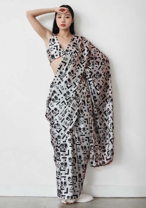 White Floral Print Chinon Saree Set