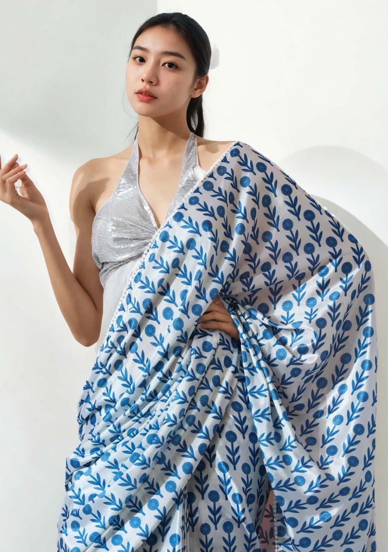 Blue Floral Print Chinon Saree Set - Indya