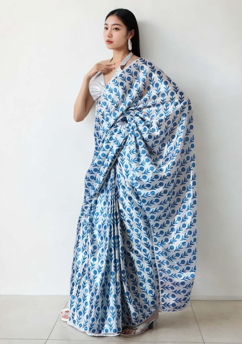 Blue Floral Print Chinon Saree Set - Indya