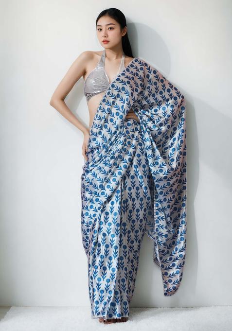 Blue Floral Print Chinon Saree Set