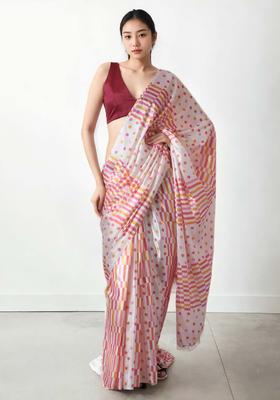 Hot Pink Polka Dots Chinon Saree Set
