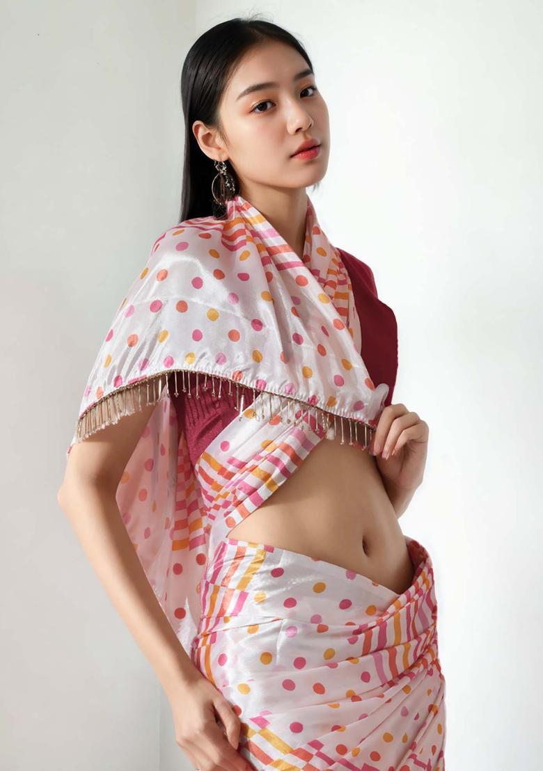 Hot Pink Polka Dots Chinon Saree Set - Indya