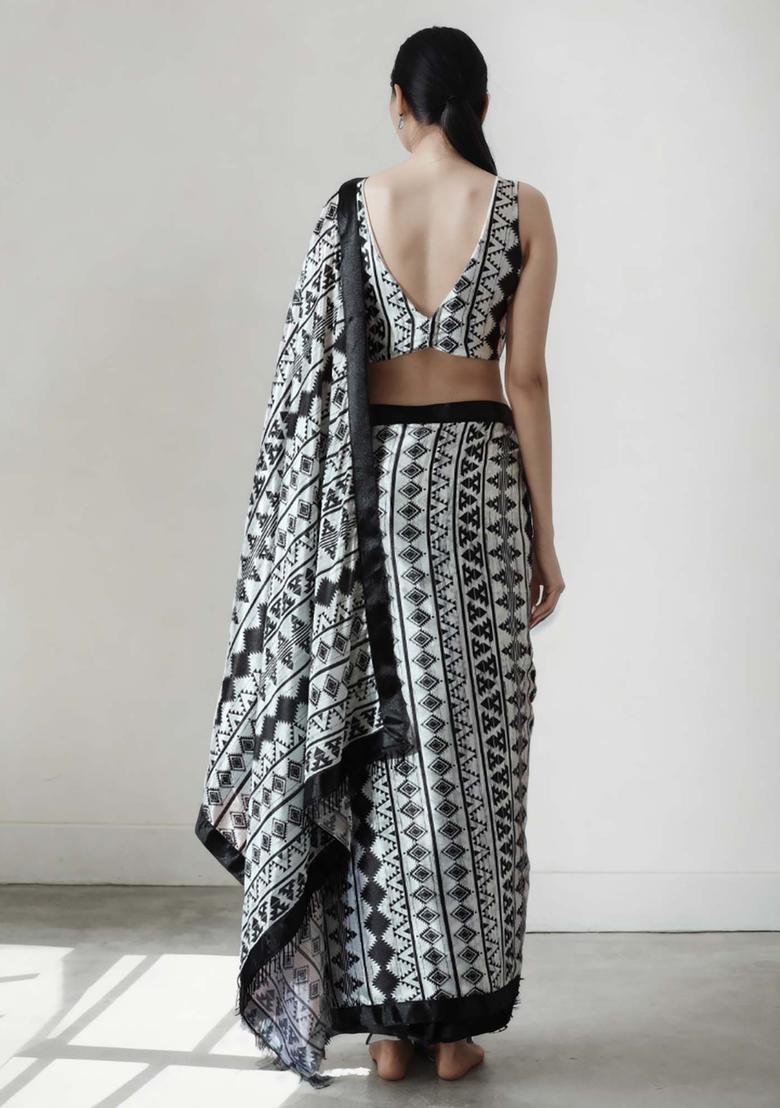 Multicolor Geometric Print Chinon Saree Set - Indya