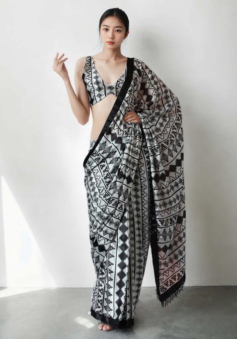 Multicolor Geometric Print Chinon Saree Set