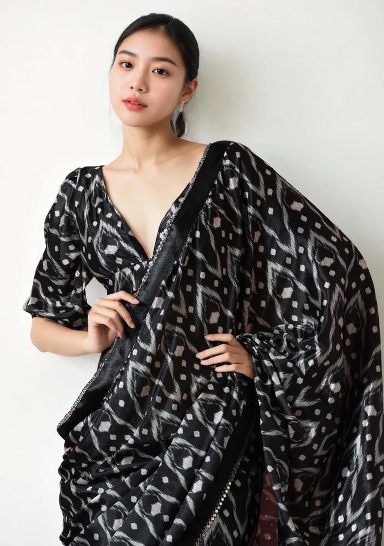 Black Printed Chinon Saree Set - Indya