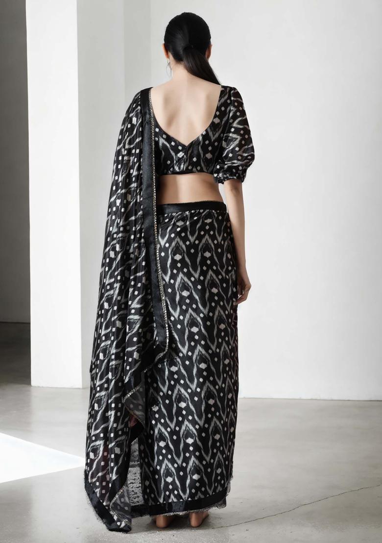 Black Printed Chinon Saree Set - Indya