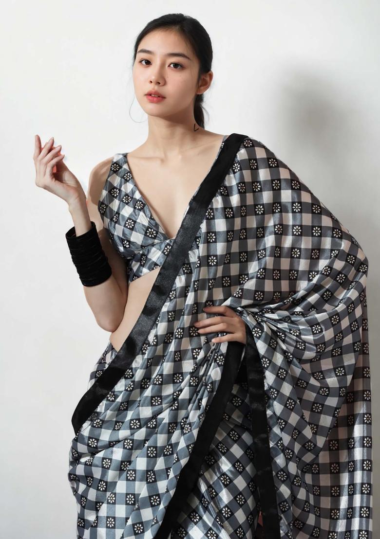 Multicolor Floral Print Chinon Saree Set - Indya