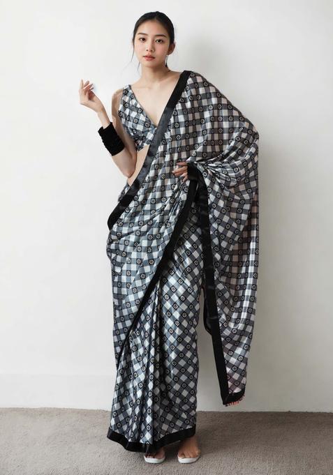Multicolor Floral Print Chinon Saree Set
