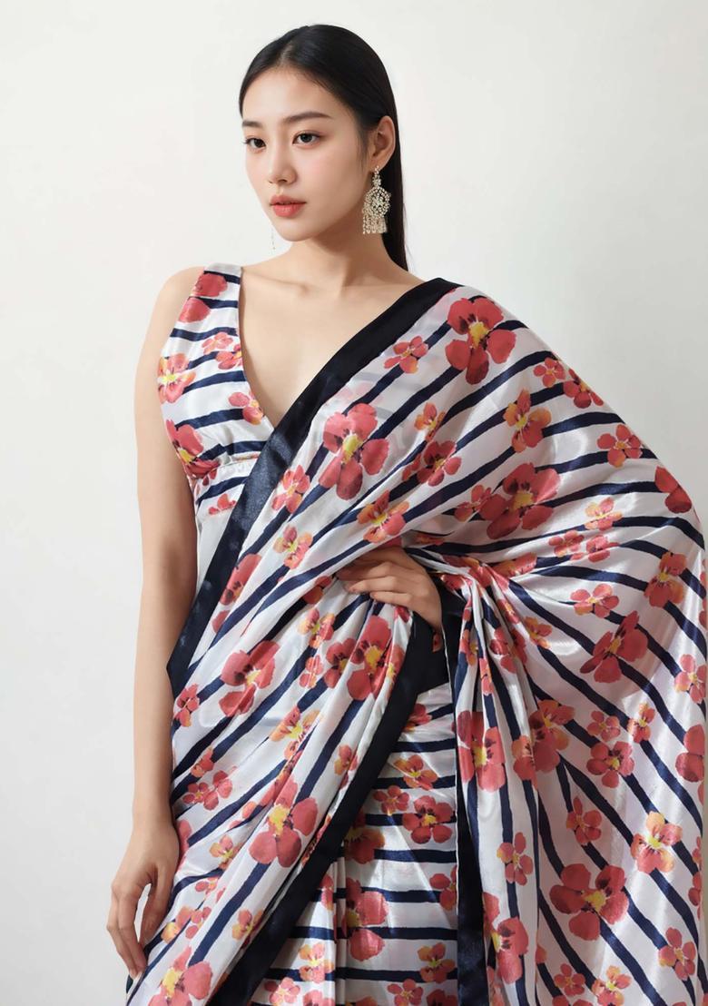 Multicolor Floral Print Chinon Saree Set - Indya
