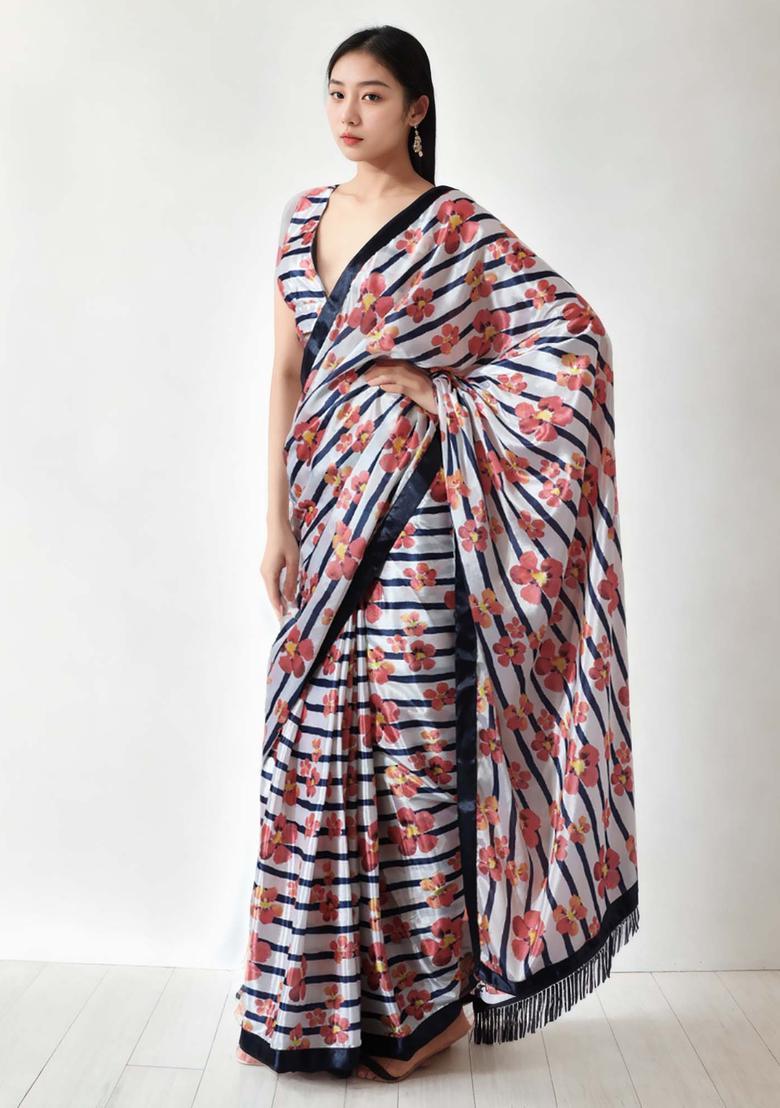 Multicolor Floral Print Chinon Saree Set - Indya