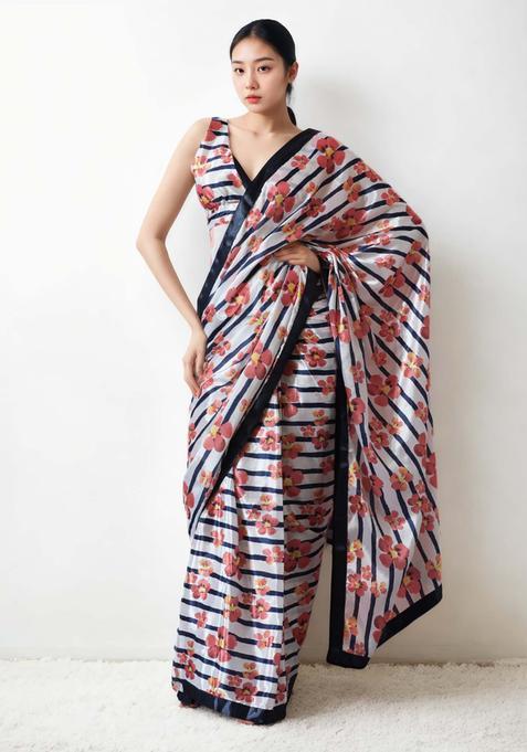Multicolor Floral Print Chinon Saree Set