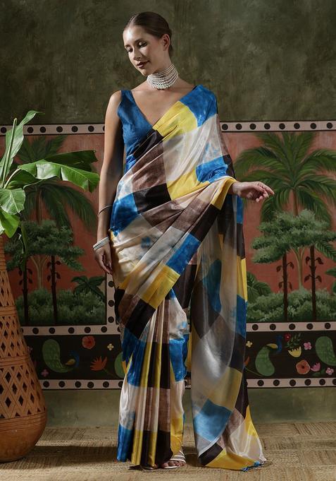 Multicolor Colorblock Chinon Saree Set