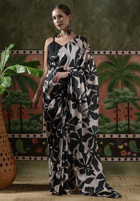 Black Floral Print Chinon Saree Set