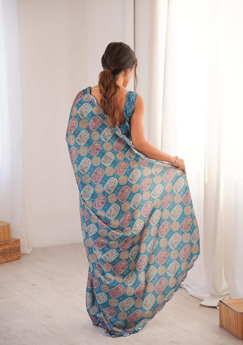 Teal Floral Print Chinon Saree Set - Indya