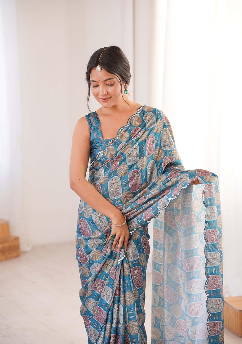 Teal Floral Print Chinon Saree Set - Indya