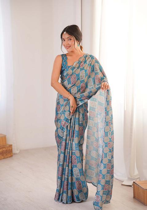 Teal Floral Print Chinon Saree Set