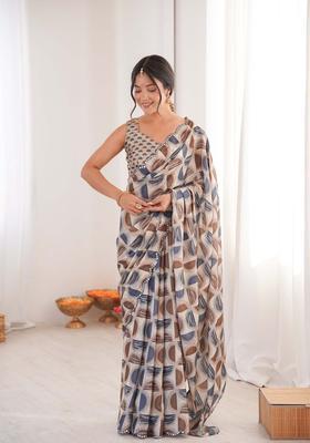 Multicolor Printed Chinon Saree Set