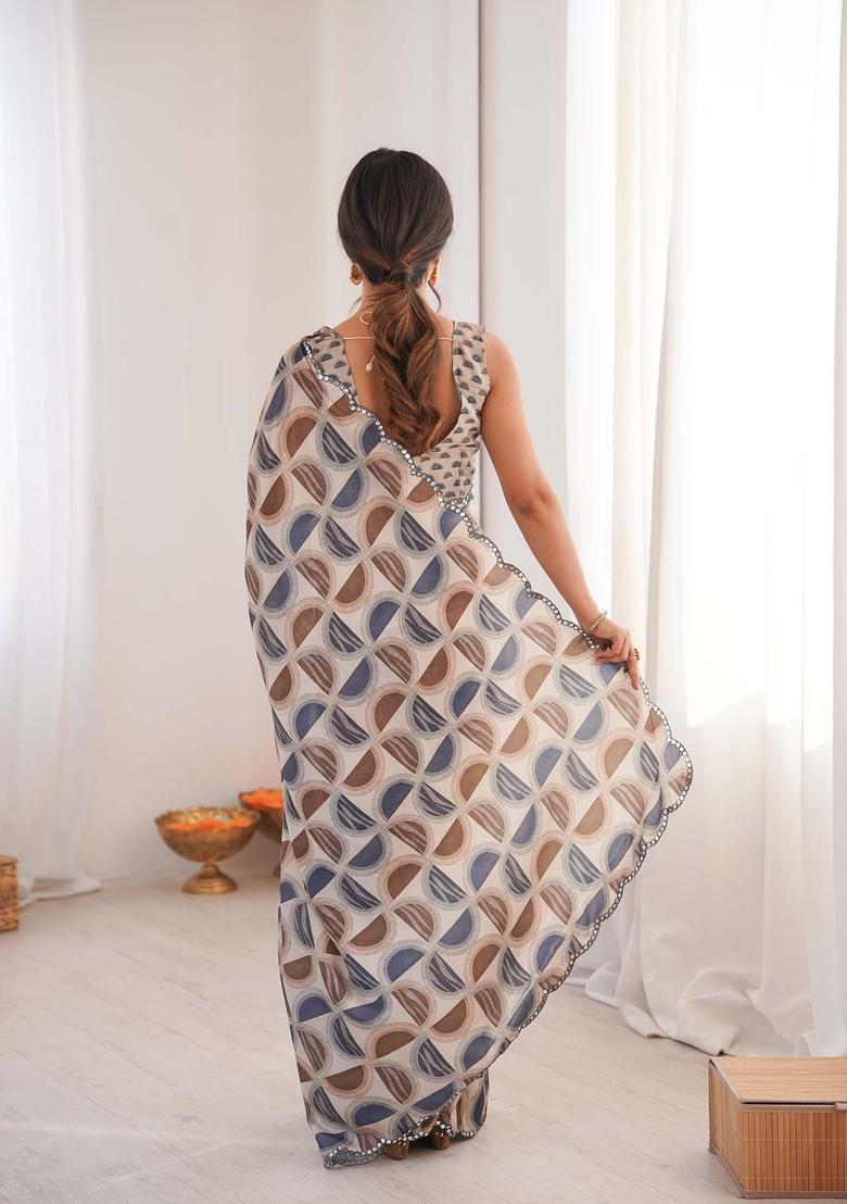 Multicolor Printed Chinon Saree Set - Indya