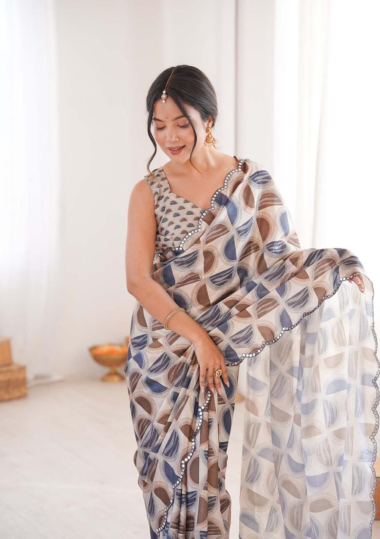Multicolor Printed Chinon Saree Set - Indya