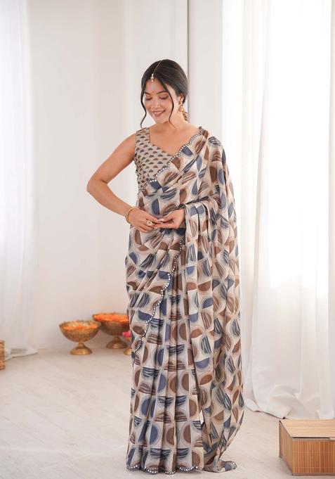 Multicolor Printed Chinon Saree Set