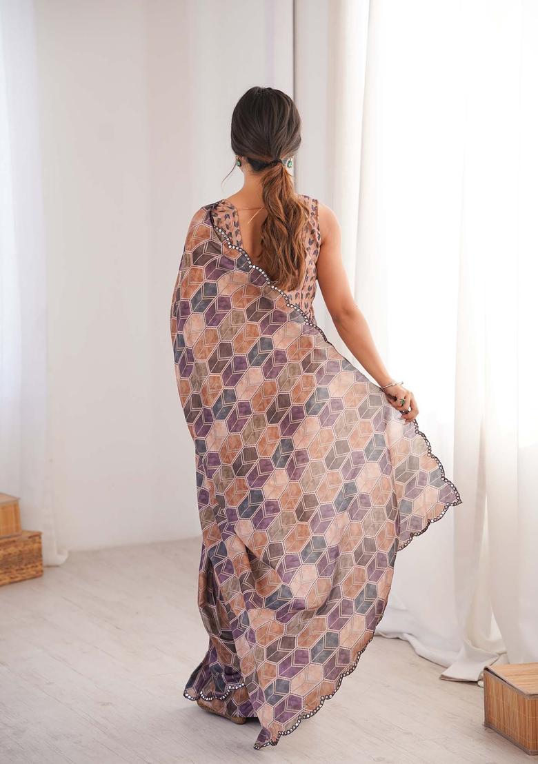 Multicolor Printed Chinon Saree Set - Indya