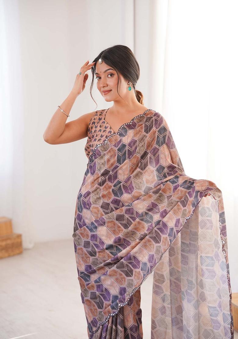 Multicolor Printed Chinon Saree Set - Indya