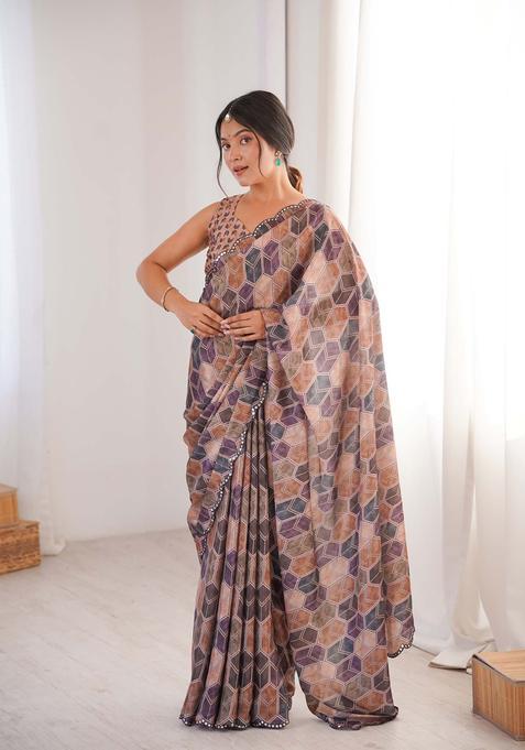 Multicolor Printed Chinon Saree Set