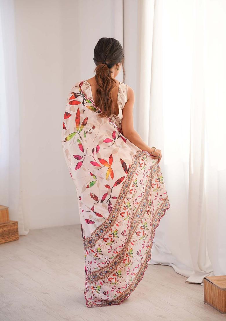 Off White Floral Print Chinon Saree Set - Indya