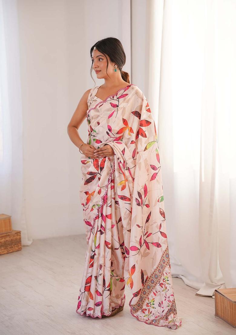 Off White Floral Print Chinon Saree Set - Indya