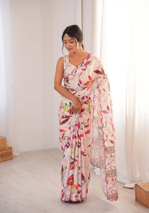 Off White Floral Print Chinon Saree Set