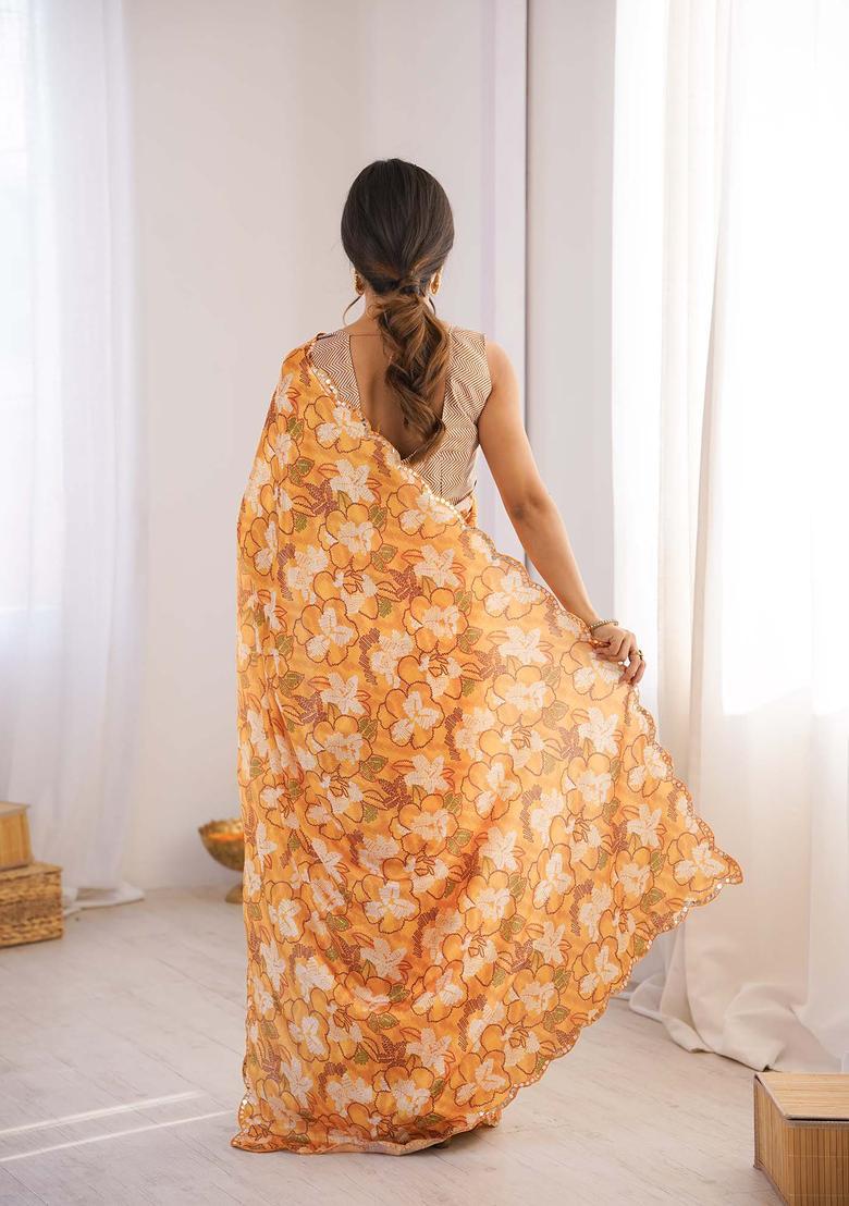 Orange Floral Print Chinon Saree Set - Indya
