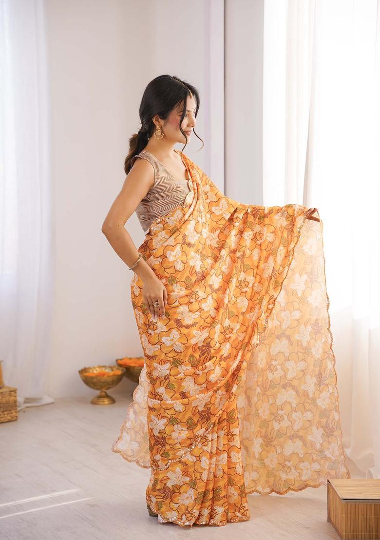 Orange Floral Print Chinon Saree Set - Indya