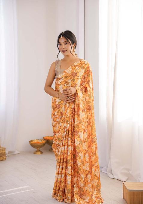 Orange Floral Print Chinon Saree Set