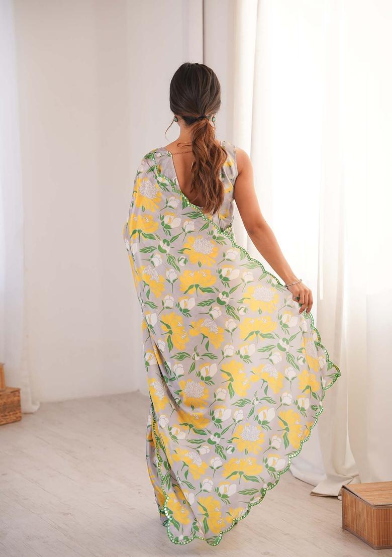 Grey Floral Print Chinon Saree Set - Indya