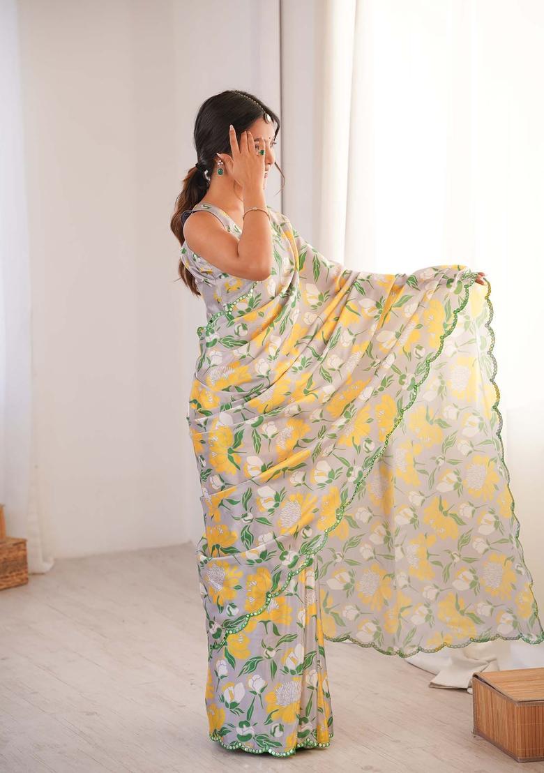 Grey Floral Print Chinon Saree Set - Indya