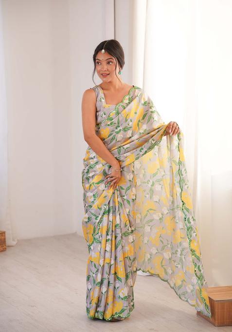 Grey Floral Print Chinon Saree Set