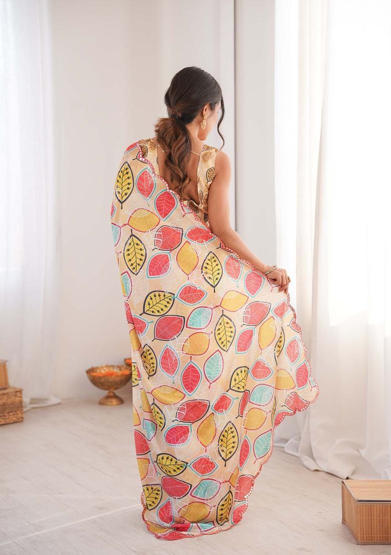 Multicolor Printed Chinon Saree Set - Indya