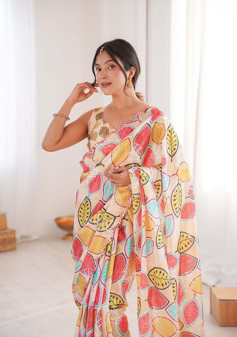 Multicolor Printed Chinon Saree Set - Indya
