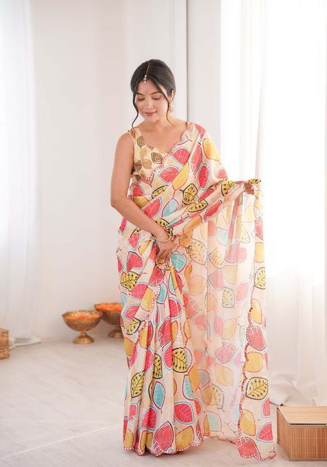 Multicolor Printed Chinon Saree Set