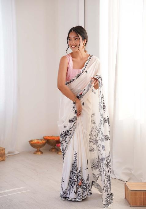 White Floral Print Chinon Saree Set