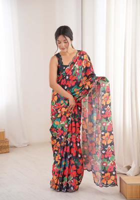 Multicolor Printed Chinon Saree Set