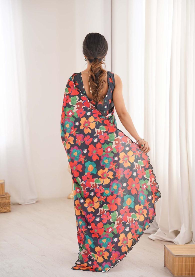 Multicolor Printed Chinon Saree Set - Indya