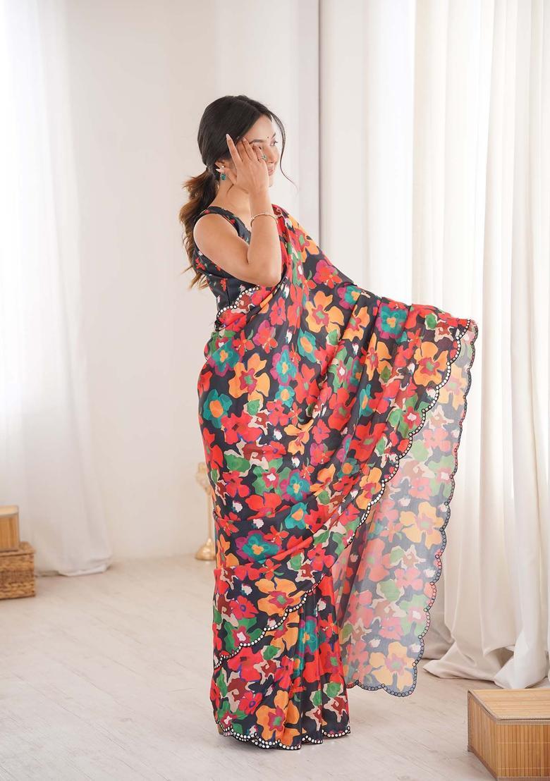 Multicolor Printed Chinon Saree Set - Indya