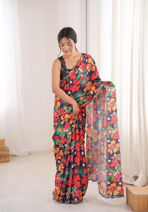 Multicolor Printed Chinon Saree Set