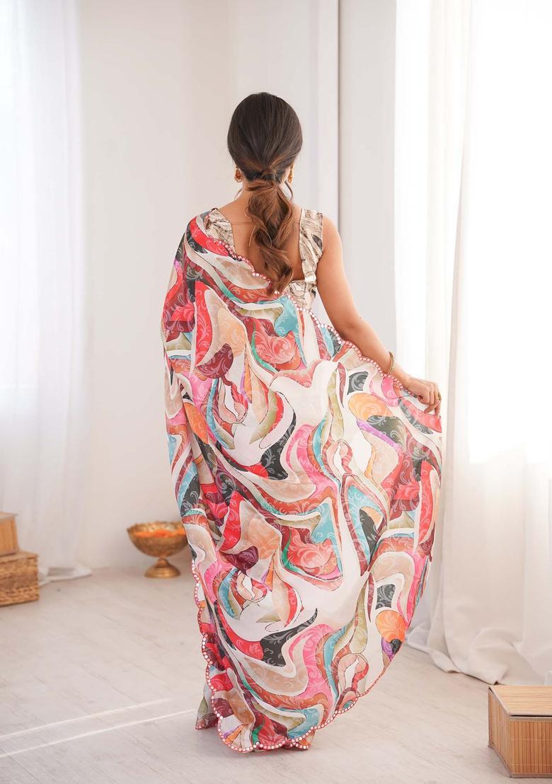 Multicolor Printed Chinon Saree Set - Indya