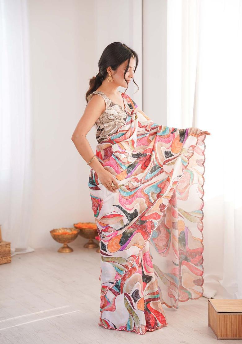Multicolor Printed Chinon Saree Set - Indya