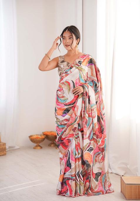 Multicolor Printed Chinon Saree Set